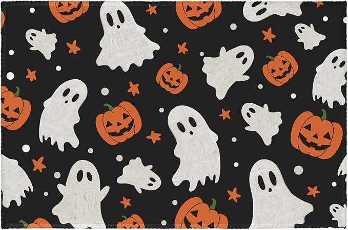 Halloween Area Rugs 2×3 Feet Cute Ghost Jack-O-Lantern Pumpkins Entry Rug Washable Low Pile Throw Rug Rubber Backing Doormat Carpet for Entrance Kitchen Bathroom