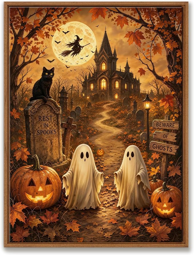 Vintage Halloween Canvas Wall Art Ghost Black Cat Pumpkin Lantern Witch