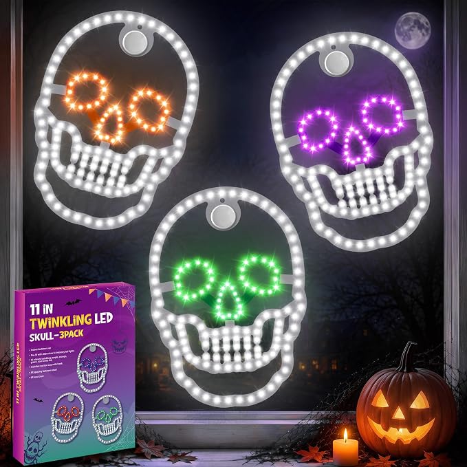 3-Pack 11″ Halloween Classics Twinkling LED Skull Window Lights