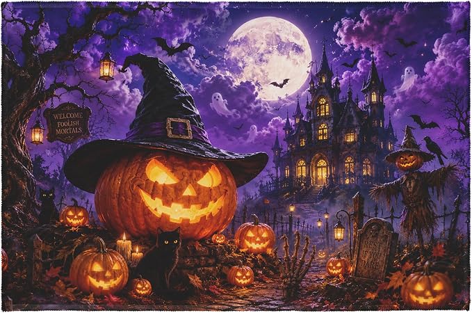 Purple Halloween Area Rugs 2x3 Feet Full Moon Castle Jack-O-Lantern Pumpkins Entry Rug Washable Low Pile Throw Rug Rubber Backing Doormat Carpet for Entrance Kitchen Bathroom - skull carpet