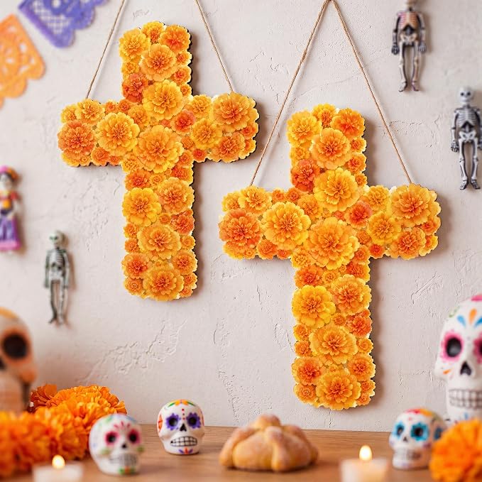 Pinkunn 2 Pcs Day of The Dead Mexican Cross Decor Wooden Marigold Wall - skull carpet