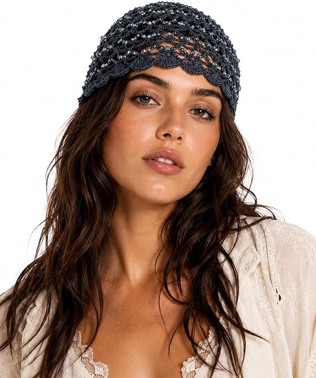 Women’s Beaded Crochet Hat, Boho Open Knit Beanie with Scalloped Edge - skull hat