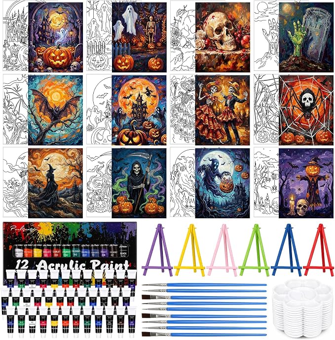 Sherr 108 Pcs Halloween Sip and Paint Kit, Pre Drawn Canvas for Adults