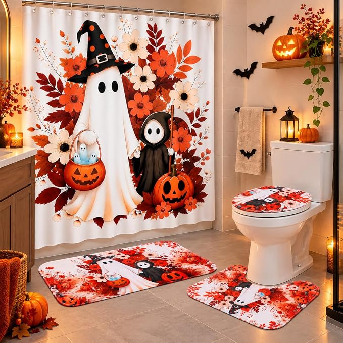 4 Pcs Autumn‑Halloween Bathroom Curtain Set,Shower Curtain, Waterproof Non‑Slip Floor Mat, Perfect for Autumnal Decorations During Thanksgiving and Halloween for Transform Bathroom Spaces - skull toilet mat