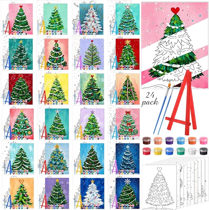 Blosssound 24 Pack Christmas Tree Pre Drawn Canvas to Paint, 5 x 7 '' - skull painting