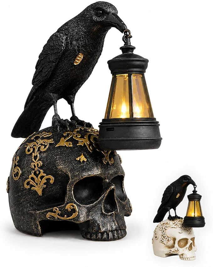 Halloween Crow Skull Lamp, New 2026 Gothic Halloween Decor, Handcrafted Retro Resin Skull Lamp, Skeleton Night Light for Halloween Party and Home Decor (Black)