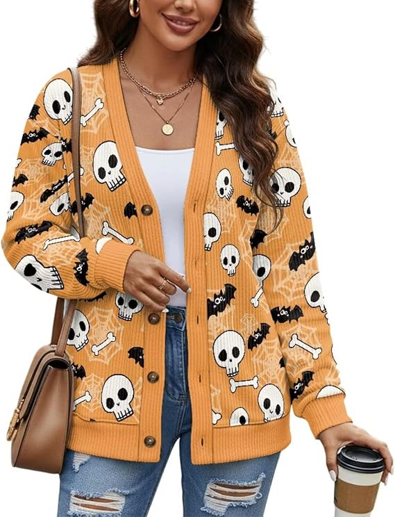 Womens Long Sleeve Button Up V Neck Knit Cardigan Sweater - skull jacket