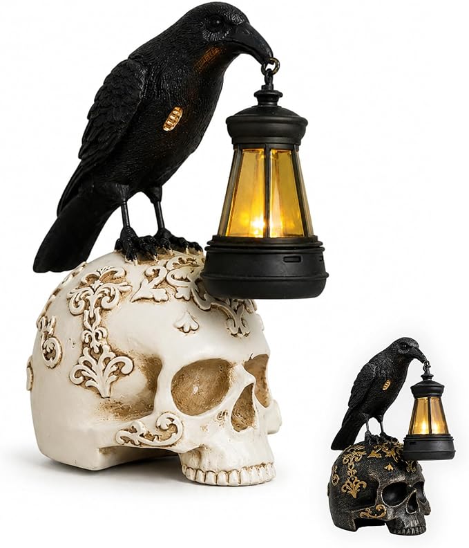 Halloween Crow Skull Lamp, New 2026 Gothic Halloween Decor, Handcrafted Retro Resin Skull Lamp, Skeleton Night Light for Halloween Party and Home Decor (White) - skull lamp