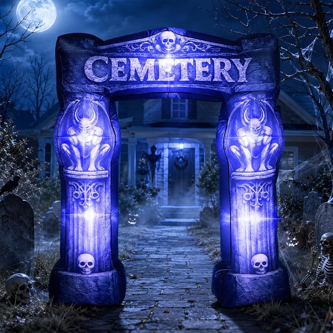 9 Ft Halloween Inflatable Cemetery Archway Decor with Built-in LED Lights - skull inflatable