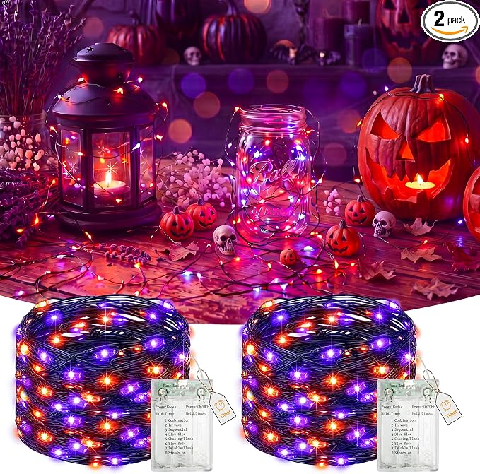btfarm 2 Pack Halloween Fairy Lights Battery Operated Timer, Orange Purple - string light