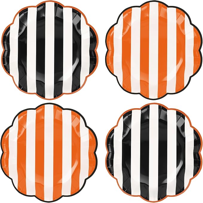 Halloween Black Orange Striped Scalloped Paper Dessert Plates - skull plate