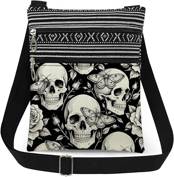 Halloween Skull Crossbody Bag Moth Rose Print Gift for Women - sugar skull handbags for sale