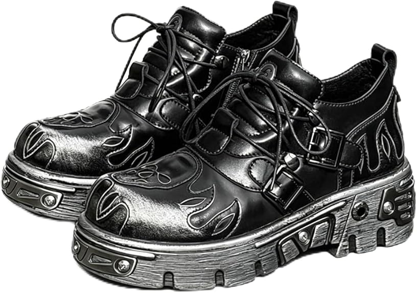 Men's Washed Leather Platform Sneakers Lace Up Round Toe Chunky Heel Skull Embroidery Footwear for Party Streetwear Punk Goth Casual - sugar skull boots
