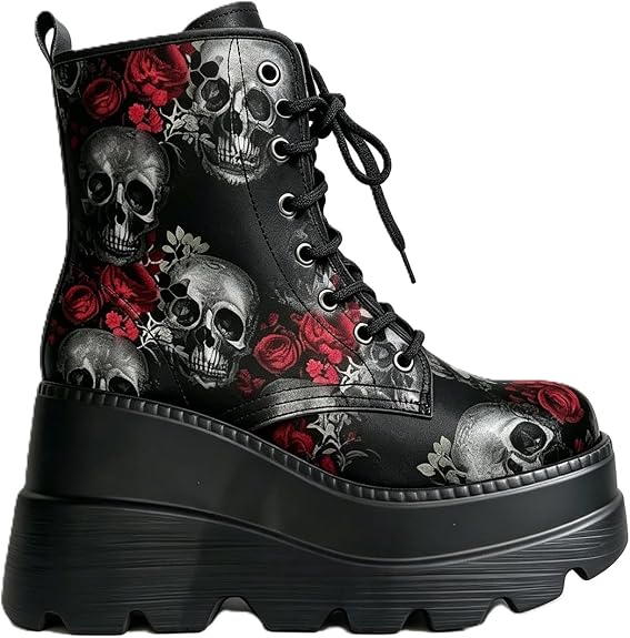 Women’s Printed Rose Skull Wedge Heel Booties Chunky Sole Ankle Boots - sugar skull boots