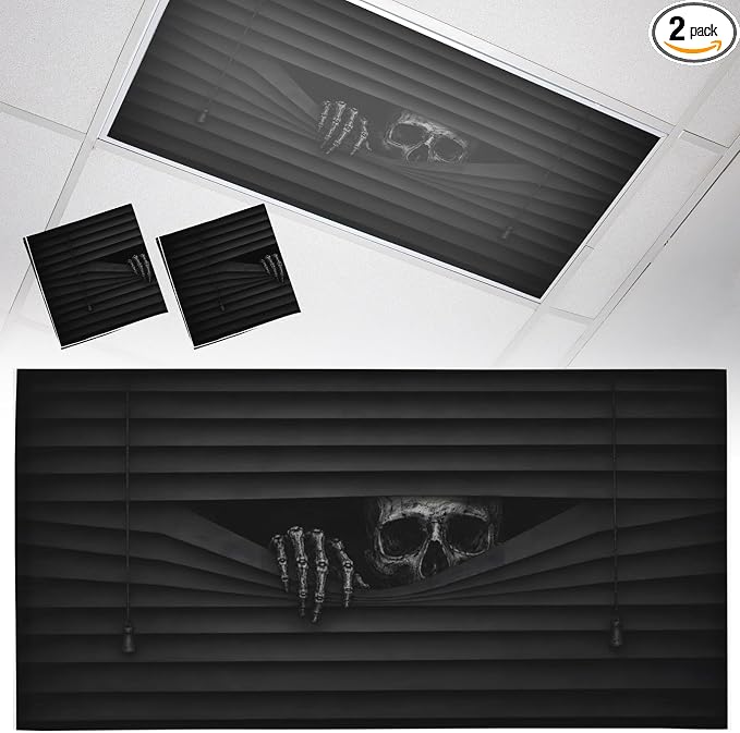 2 Pack Fluorescent Light Cover for Classroom Ceiling, Halloween Skeleton Hand Magnetic Magnetic Light Cover Filters, Black Horror Skull Peeking Lights Covers for Office School Drop Lamp Ceiling 4×2 ft
