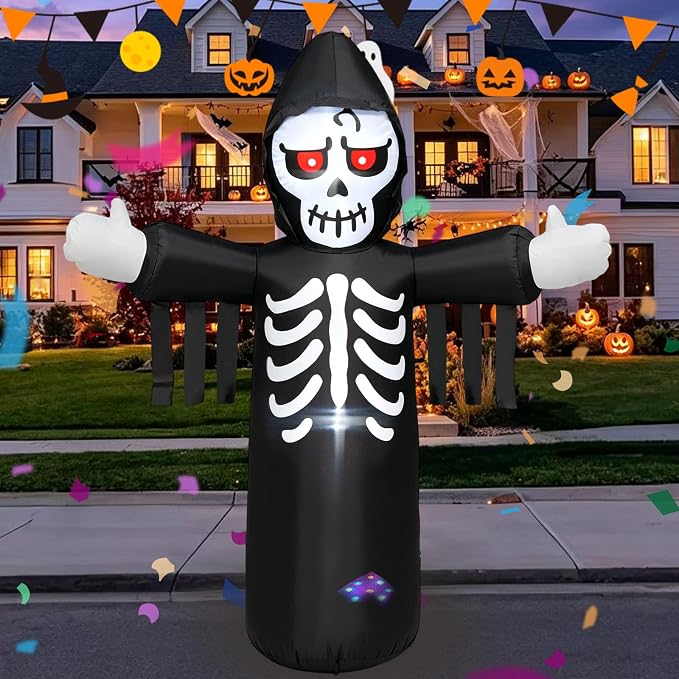 5FT Halloween Inflatable Outdoor Decoration, Blow‑up Grim Reaper with Built‑in LED Lights for Yard Lawn Patio Garden Halloween Party - skull inflatable