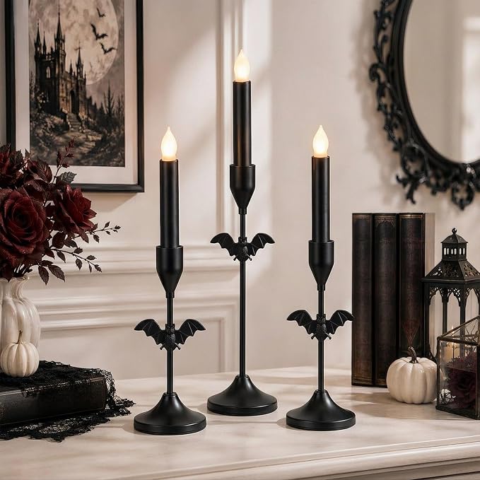 Ceenna 3 Pcs Halloween Bat Candle Holders, 3 Size Black Taper Candle Holder - skull candle