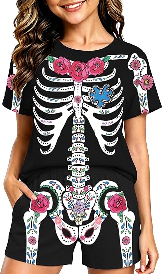 Ithalt Kids Halloween Ghost 2 Piece Outfit Set Short Sleeve and Shorts - sugar skull makeup