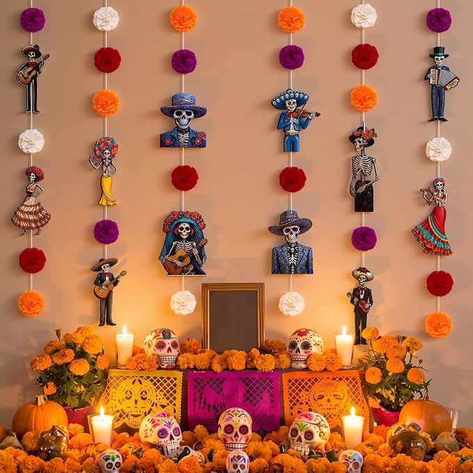 Suncalla 6 Pcs Dia De Los Muertos Decorations Day of the Dead Skull Garland - skull candle