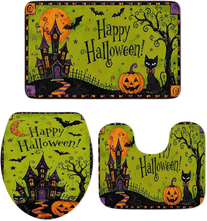 Halloween Bathroom Rugs and Mats Sets 3 Piece Black Cat Witch Pumpkin Bath Sets Non Slip Bath Rug Set with U Shape Rug Bat Moon Happy Halloween Contour Toilet Rugs for Bathroom Floor Decor Small Size - skull toilet mat
