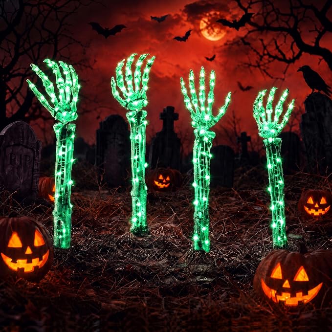 Halloween Skeleton Arm Stakes 4‑Pack, 160 Green LED Battery‑Powered Lights - skeleton