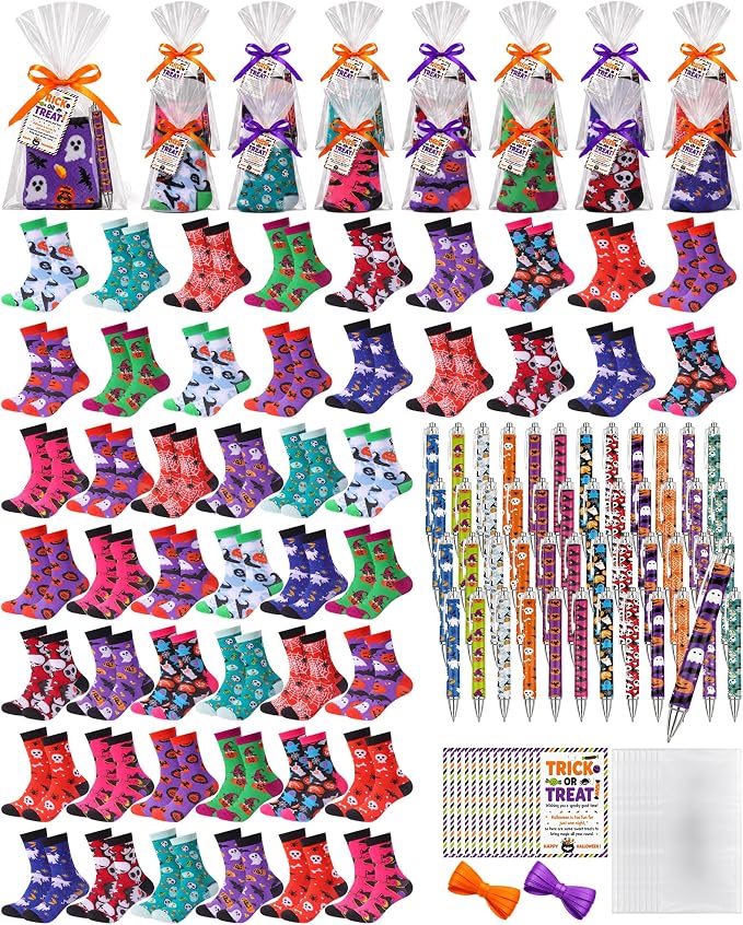 Glitopper 24/48/72 Set Halloween Socks and Pens Bulk, Party Favors 72 Set - sugar skull costume