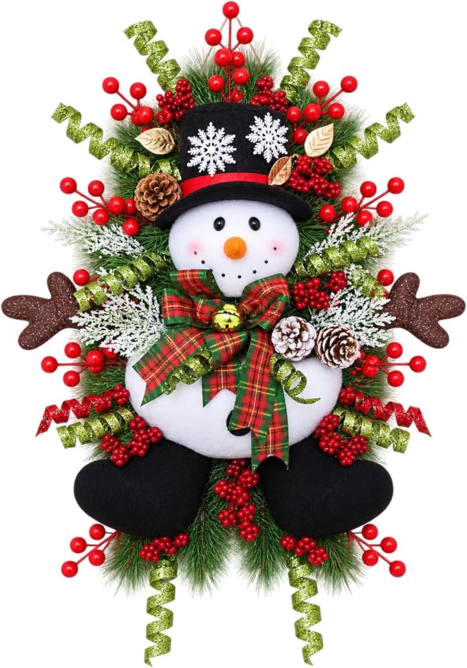 Wavwavw 20″ Christmas Snowman Wreath for Front Door 3D Winter Sign Decor