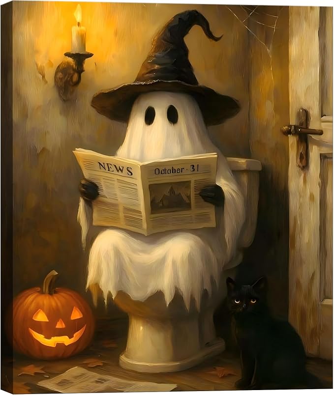 Framed Halloween Ghost Bathroom Canvas Wall Art 8×12 In, Funny Spooky Toilet Scene Canvas Prints Artwork, Dark Halloween Wall Decor Pictures for Office Home Decoration