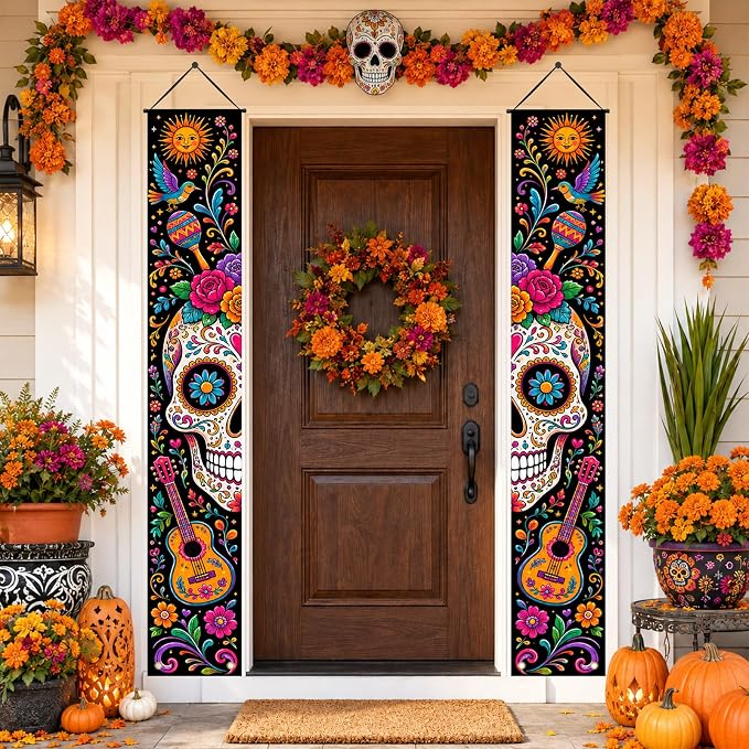 IVN 2PCS Day of the Dead Porch Banners Dia de los Muertos Calavera Skull - skull carpet