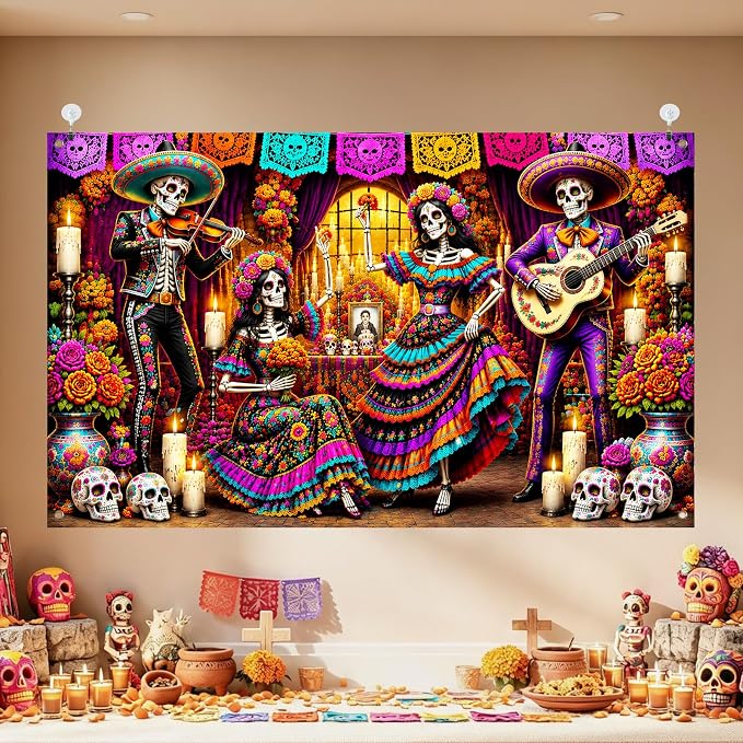 IVN Day Dead Banner 71x43 Inch Dia De Los Muertos Skeleton Band Sugar Papel - skull carpet