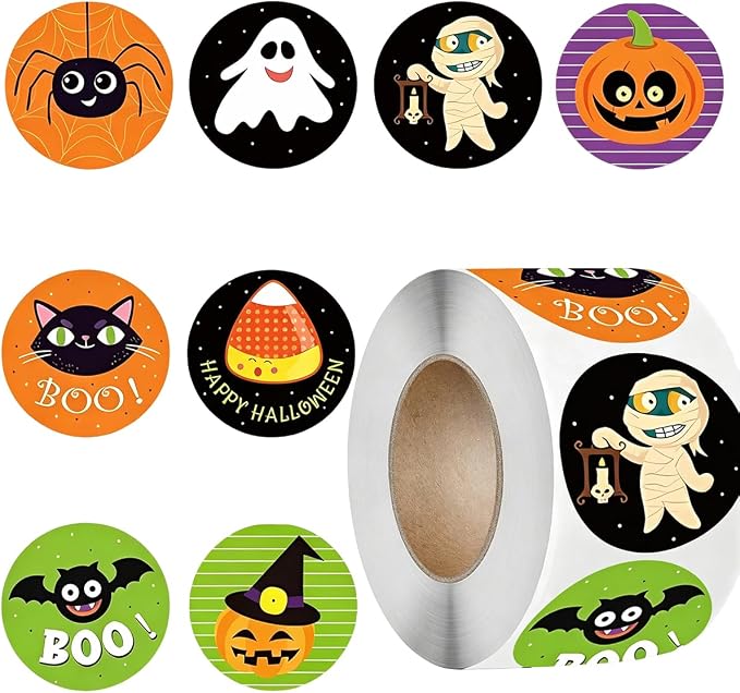 Halloween Stickers Roll Halloween Pumpkin Bat Spider Stickers Round Seal Label Envelope Seals Paster for Party Decorations Supplies Halloween Party Favor 8 Vibrant Colors and Designs 500PCS - skull sticker