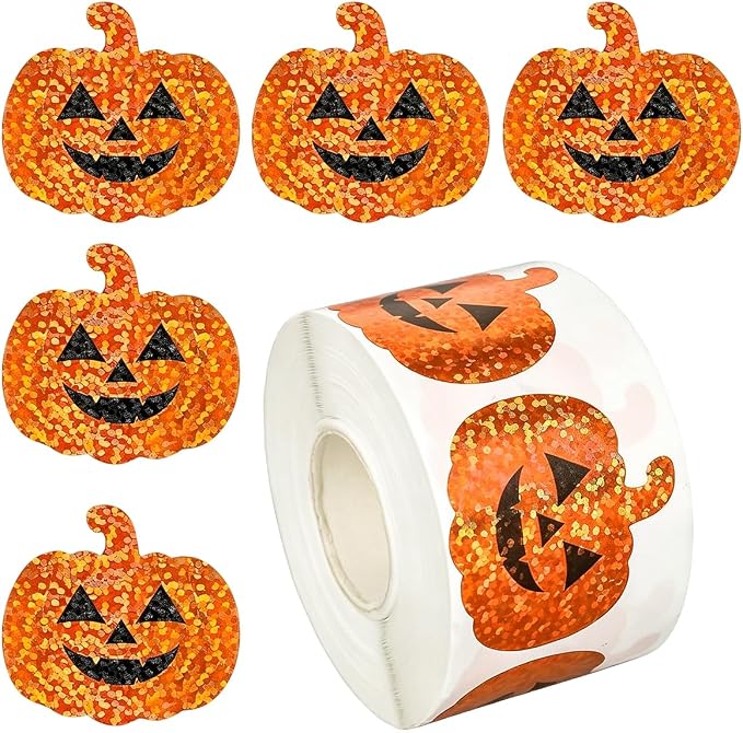 Halloween Pumpkin Stickers Roll 500Pcs Laser Smiling Pumpkin Shape Waterproof Decals Orange Sparkly Self-Adhesive Stickers Halloween Party Envelope Scrapbook Decorations 1.2in - skull sticker