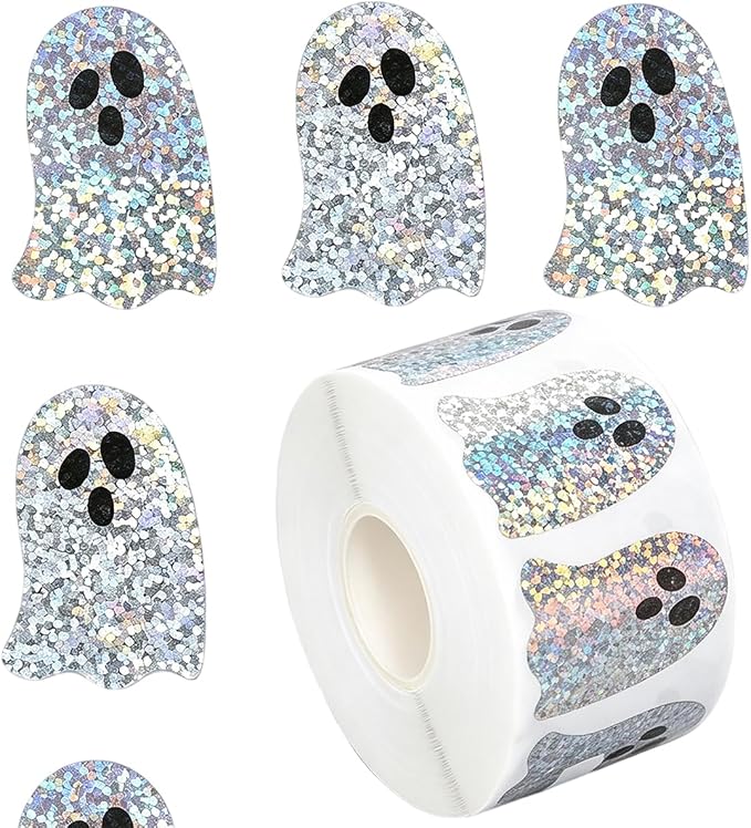 500Pcs Halloween Ghost Stickers Roll Laser Cute Boo Ghost Self-Adhesive Stickers Holographic Waterproof Decals for Halloween Party Envelope Scrapbook Decor Supplies Halloween Party Favor （I340-9 - skull sticker