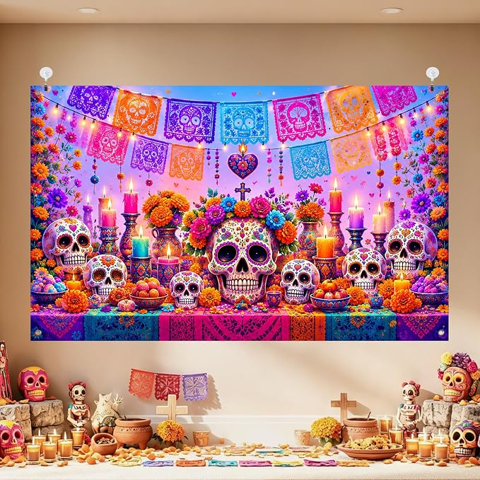 IVN Dia De Los Muertos Banner 71x43 Inch Day Dead Altar Sugar Skull Papel - skull carpet
