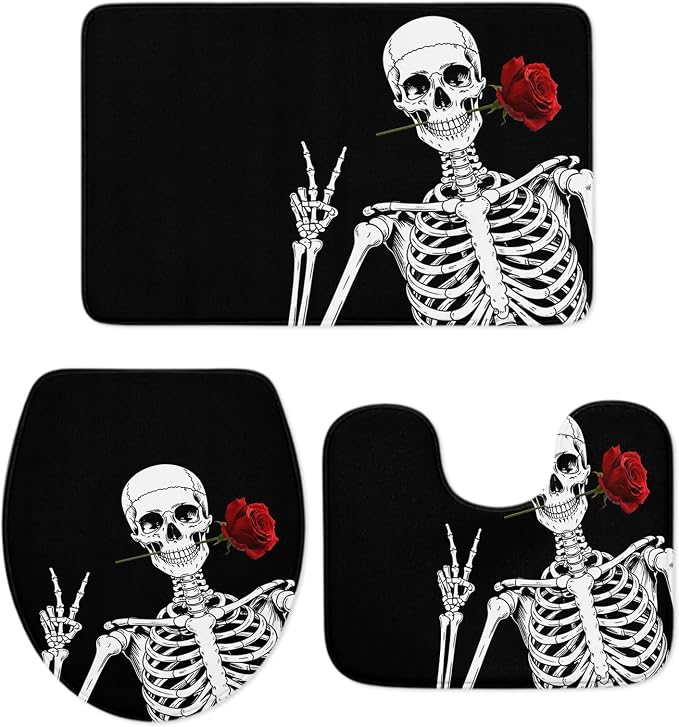 Halloween Bathroom Rugs and Mats Sets 3 Piece Rose Skull Bath Sets Non Slip Bath Rug Set with U Shape Rug Black Funny Skeleton Contour Toilet Rugs for Bathroom Floor Holiday Party Decor Small Size - skull toilet mat