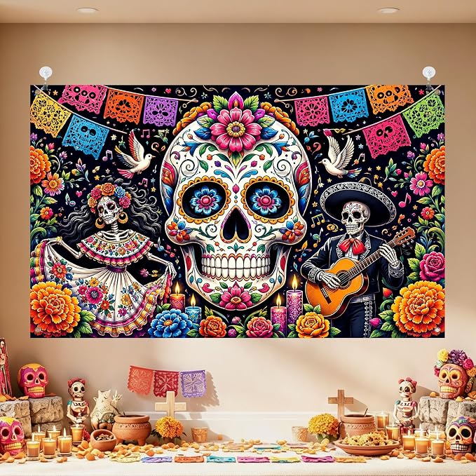 IVN Day Dead Banner 71x43 Inch Dia De Los Muertos Sugar Skull Skeleton - skull inflatable