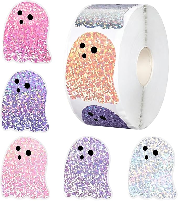 500Pcs Halloween Ghost Stickers Roll Laser Cute Boo Ghost Self-Adhesive Stickers Holographic Waterproof Decals for Halloween Party Envelope Scrapbook Decor Supplies Halloween Party Favor （C784-3 - skull sticker