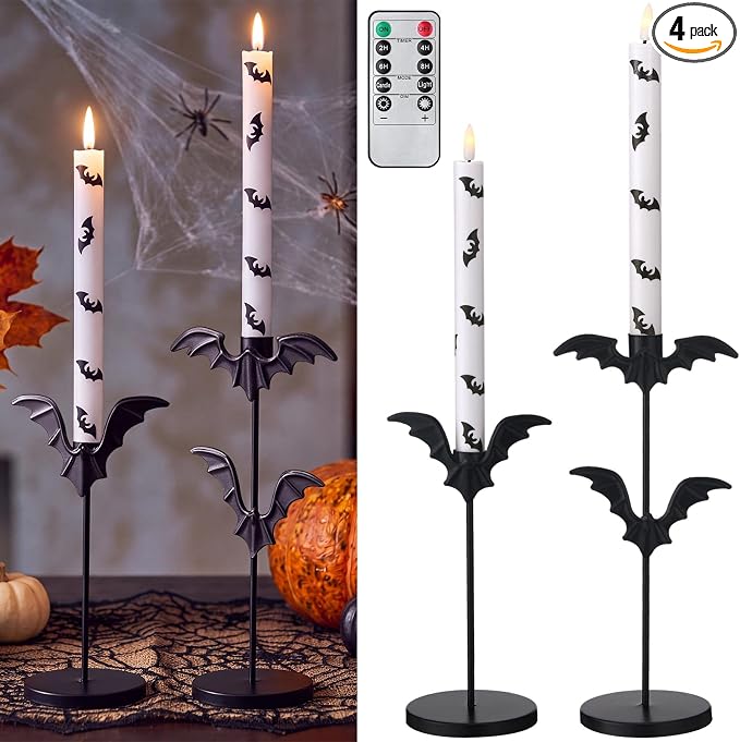 Glooglitter 4Pcs Halloween Bat Flameless Taper Candles with Remote Timer - skull candle