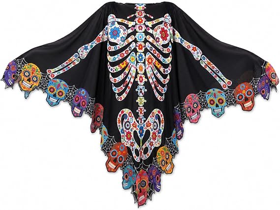 Day of The Dead Poncho, Halloween Skeleton Costume Cape for Women - sugar skull costume
