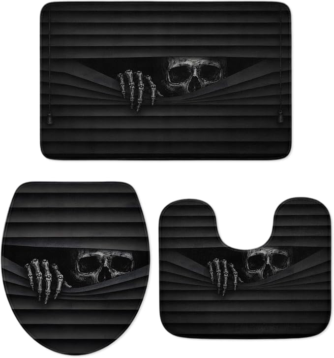 Halloween Bathroom Rugs and Mats Sets 3 Piece Skeleton Hand Bath Sets Non Slip Bath Rug Set with U Shape Rug Black Horror Skull Peeking Contour Toilet Rugs for Bathroom Floor Party Decor Small Size