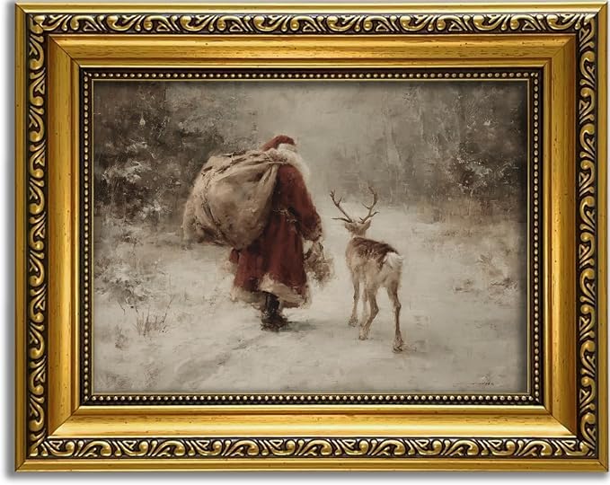 YD&YZY Santa and Reindeer 2026 Christmas Wall Art 8"x10" Small Gold Framed - skull wall art
