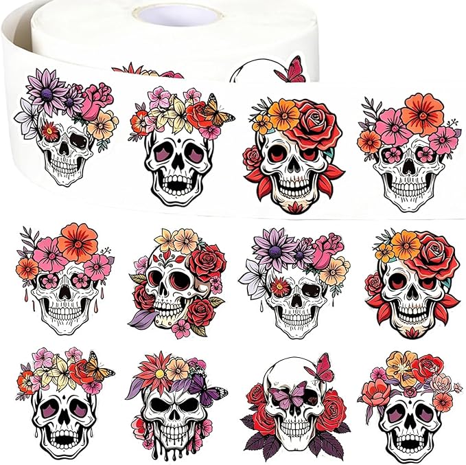 500Pcs Halloween Stickers Laser Floral Skull Skeleton Self-Adhesive Stickers, Holographic Waterproof Decals for Halloween Party Envelope Scrapbook Decor Supplies