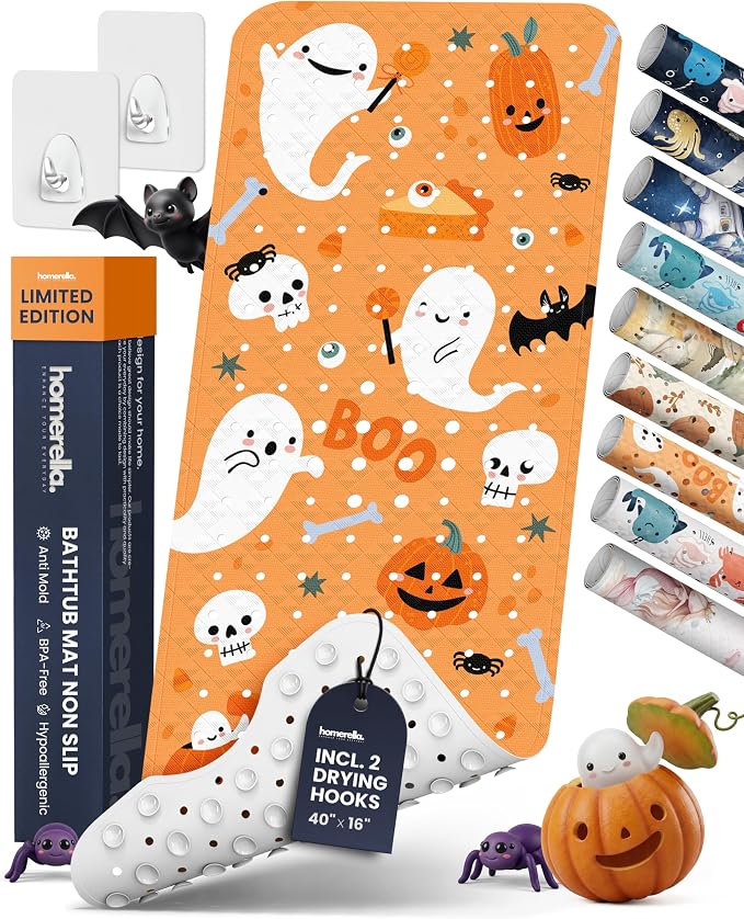 homerella Halloween Non-Slip & Anti-Mold Bathtub Mat for Baby & Kids 40x16 - skull toilet mat