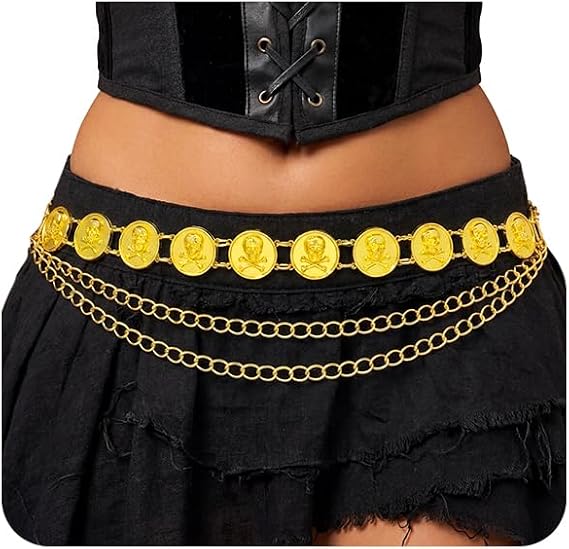 Skull Coin Chain Belt for Women, Gold, 47 Inches - skull wallet