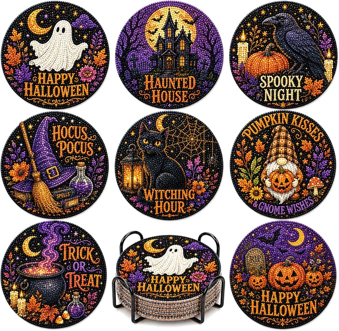 8 Pcs Halloween Diamond Painting Coasters – Wooden Skull Art Set