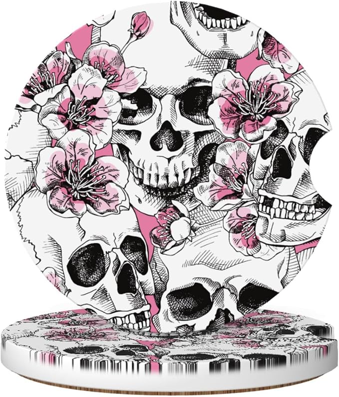 2 Pack Sugar Skull Astrolabe Car Coasters - 2.56 Inches - skull coaster