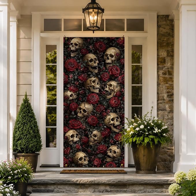 Halloween Gothic Skull Rose Door Cover Curtain,35 x79 Inch