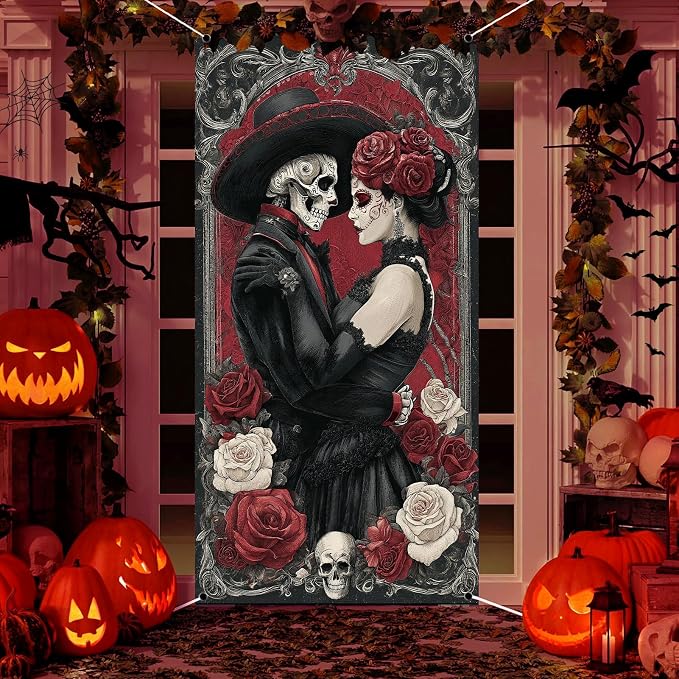 Day of The Dead Door Cover,Dia De Los Muertos Porch Sign Banner,Gothic Halloween Sugar Skull Flowers Mexican Fiesta Party Decorations and Supplies for Home House Outdoor Decor (Black and Red) - skull floor mat