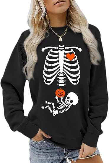 Women X-Ray Skeleton Sweatshirt Halloween Pregnancy Crewneck Pullover Tops - skull sweatshirts
