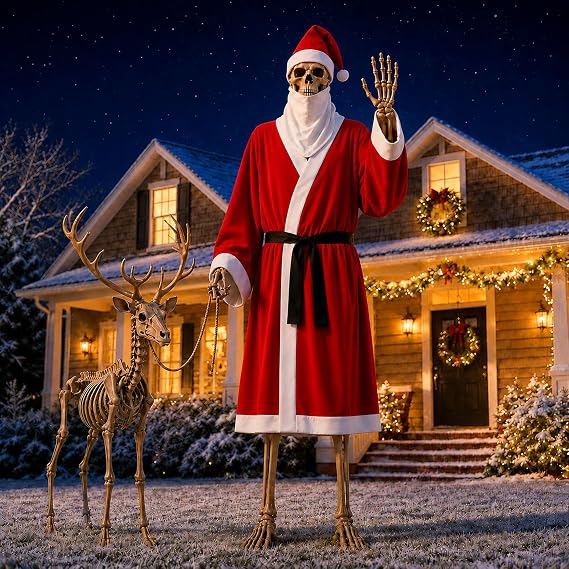 4 Pcs 12ft Skeleton Santa Outfit Set, Skeleton Costume Hat Robe Belt Beard - skeleton